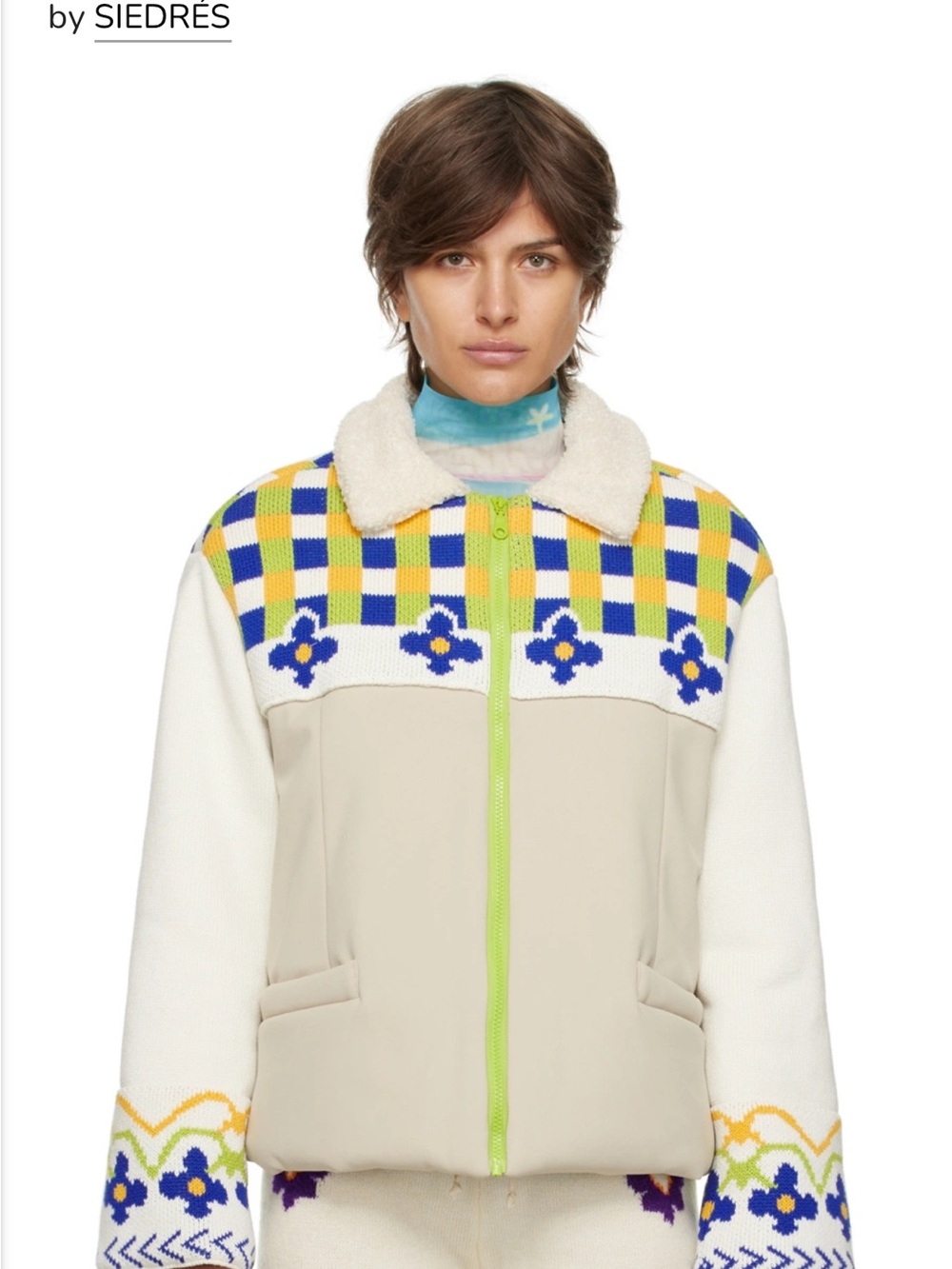SIEDRÉS NWOT Cream Jacket with Blue & Yellow Knit Yoke
